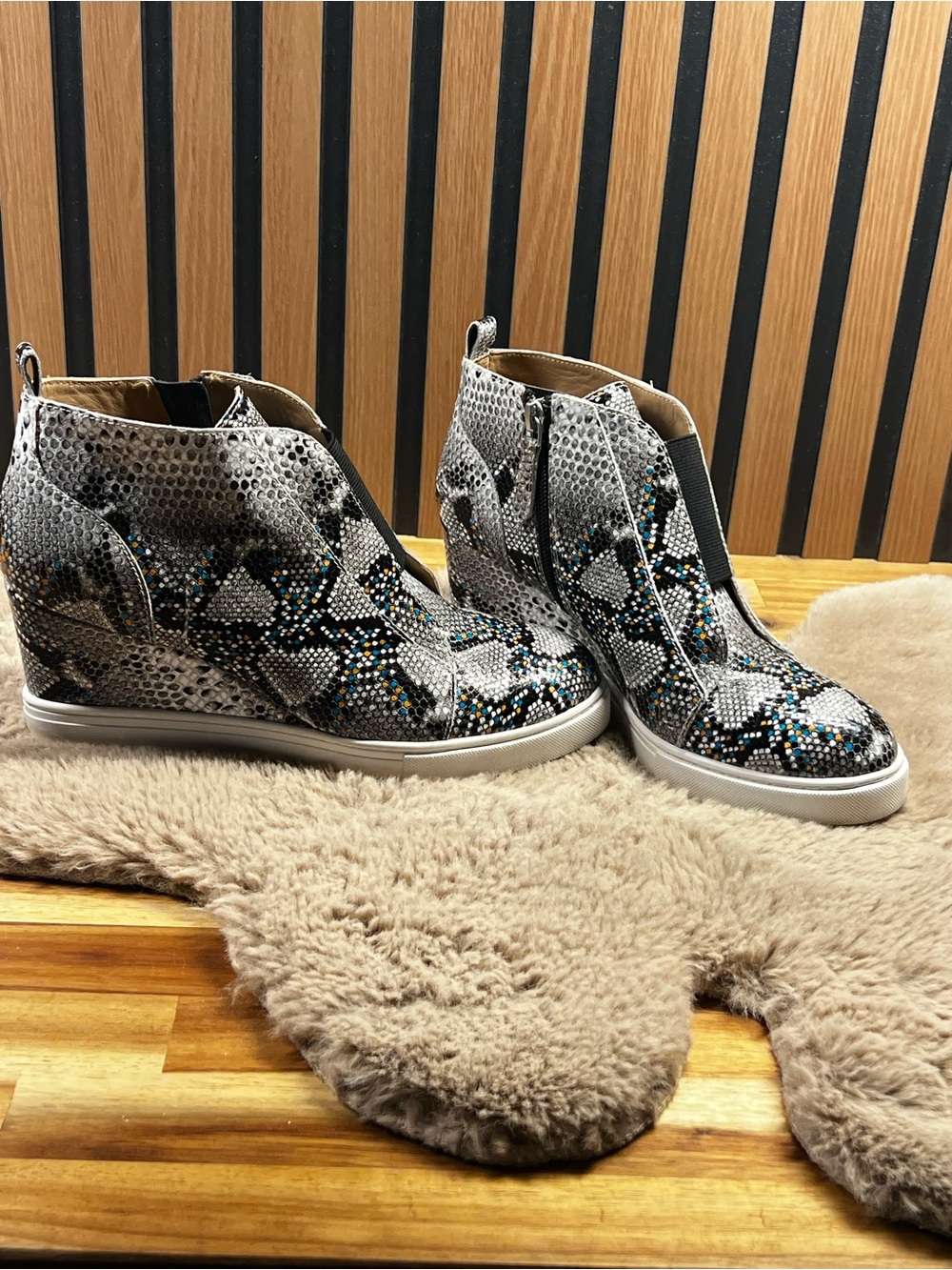 Paolo Snake-Print Wedge Sneakers in Black, Gray & Blue size 7 1/2